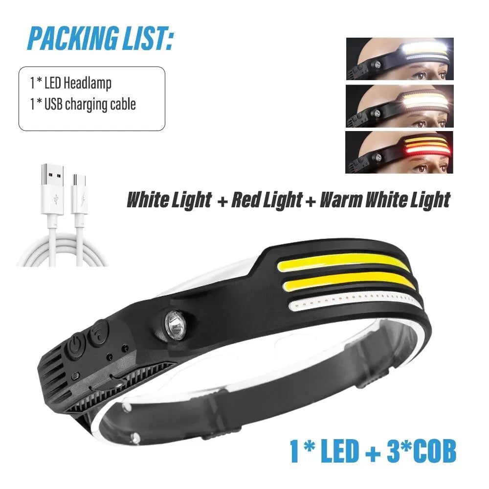 Induction Headlamp COB LED Sensor Head Lamp Built-In Battery Flashlight USB Rechargeable Head Torch 5 Lighting Modes Headlight