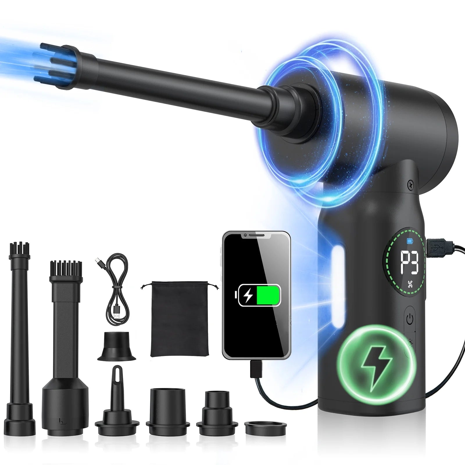 Air Duster - 150,000 RPM Compressed Air Duster with Power Bank&Lighting for Office,Home,Usb, 8.22 X 5.78 X 2.51 In