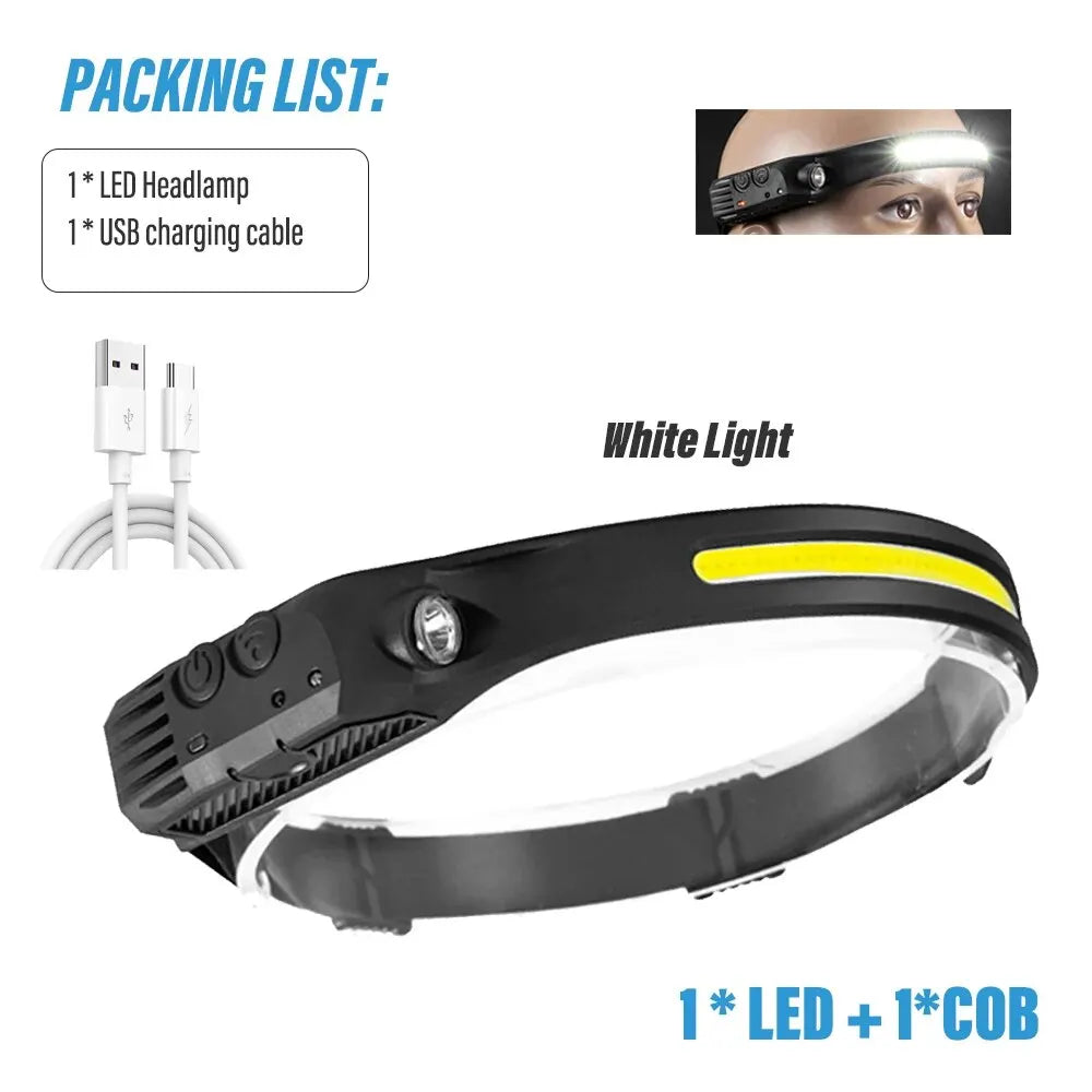 Induction Headlamp COB LED Sensor Head Lamp Built-In Battery Flashlight USB Rechargeable Head Torch 5 Lighting Modes Headlight