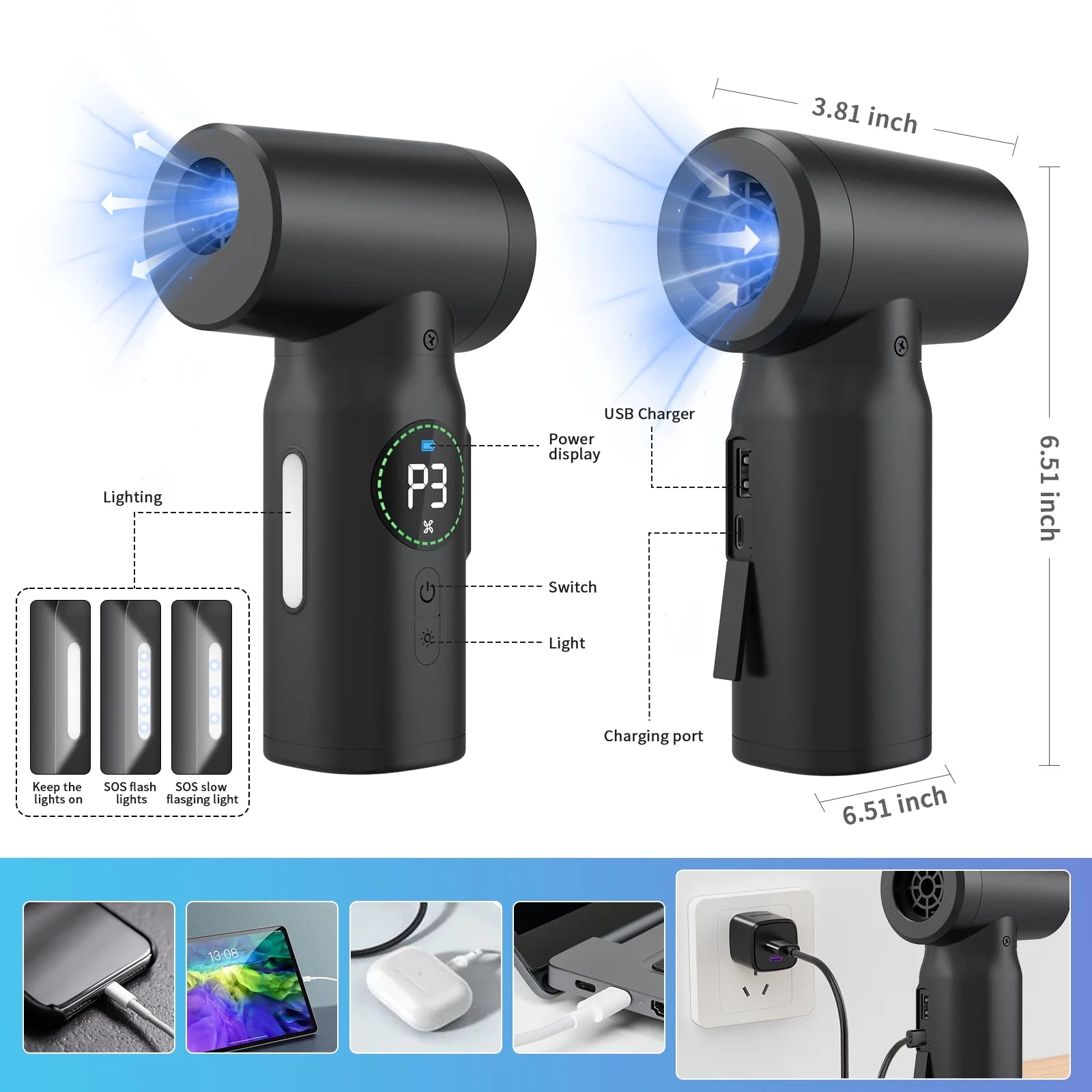 Air Duster - 150,000 RPM Compressed Air Duster with Power Bank&Lighting for Office,Home,Usb, 8.22 X 5.78 X 2.51 In